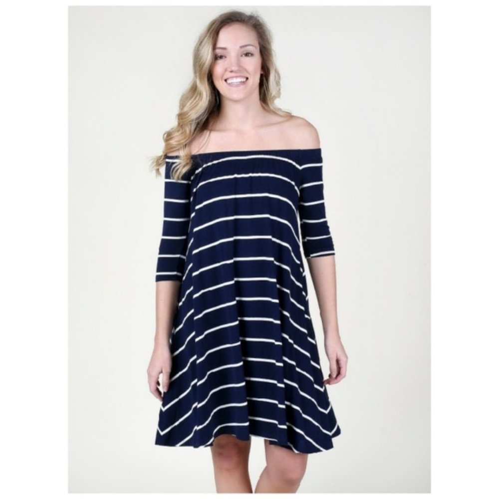 Altar'd State blue and white stripe off the shoulder dress